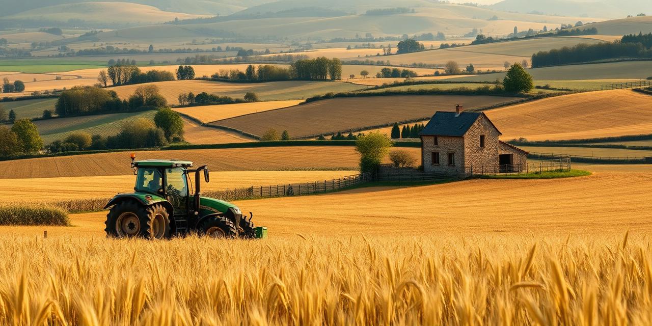 Paysage agricole français : champs de blé, tracteur et ferme en pierre dans une campagne vallonnée